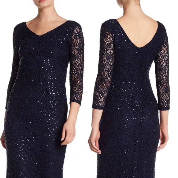 Women’s Formal Dress Size 8 MARINA Navy Sequined Lace Long Sleeves Evening Gown - Picture 5 of 9